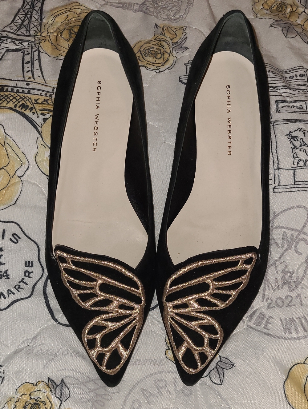 Sophia Webster BIBI Black Suede Pointed Flats with Gold Butterfly Trim